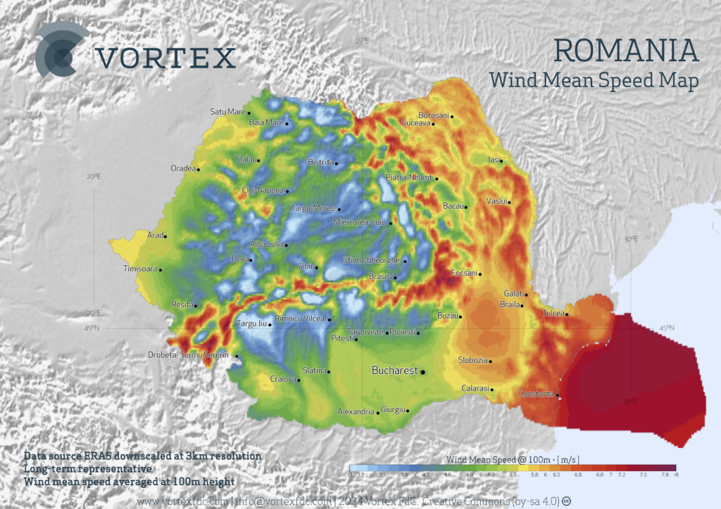 Romania Offshore and Onshore Wind Map - VORTEX