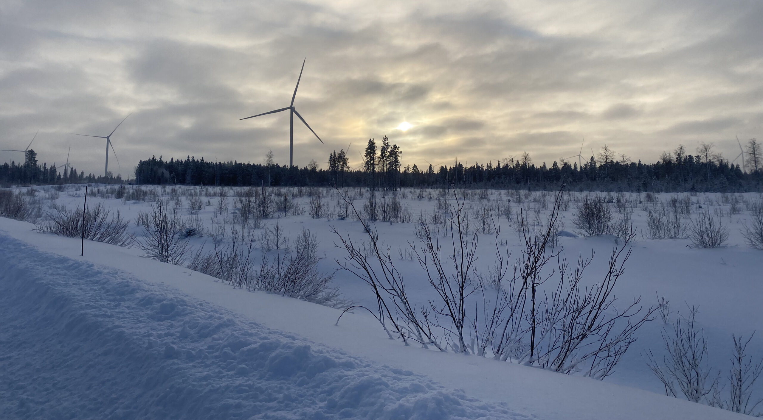 Wind turbine icing on blades in cold climate wind farm affecting energy production